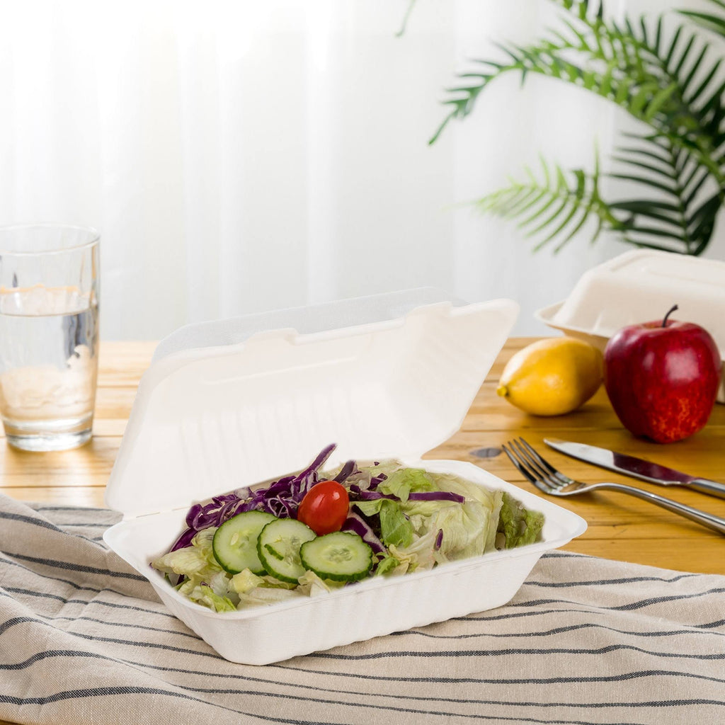 8 in. White Sugarcane Clamshell Containers (300 Pack) O6036