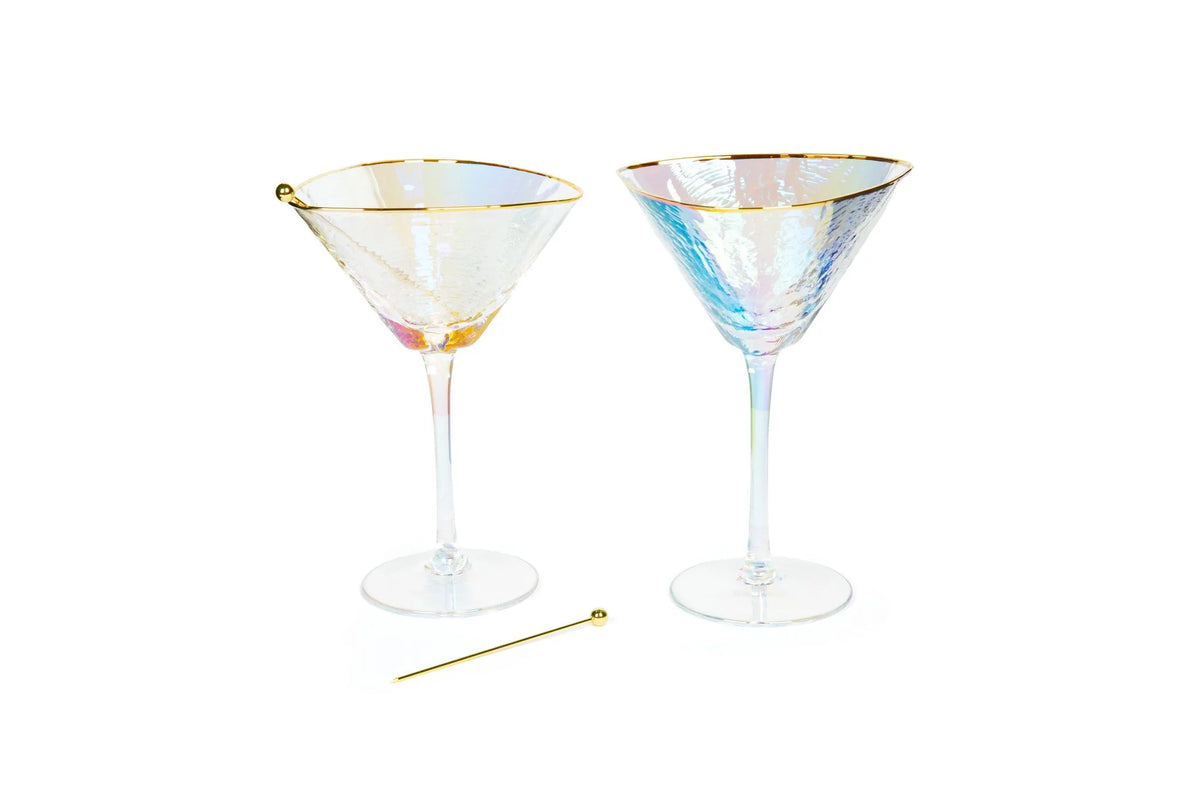 Iridescent Handmade Hammered Martini Glasses with Gold Rim Set of 2 I7940