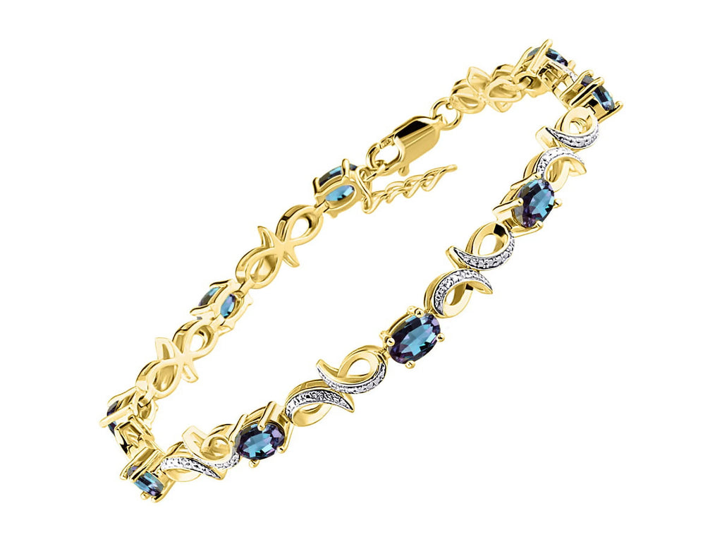 Yellow Gold Plated Love Knot Tennis Bracelet, Ring & Necklace with Alexandrite A2890
