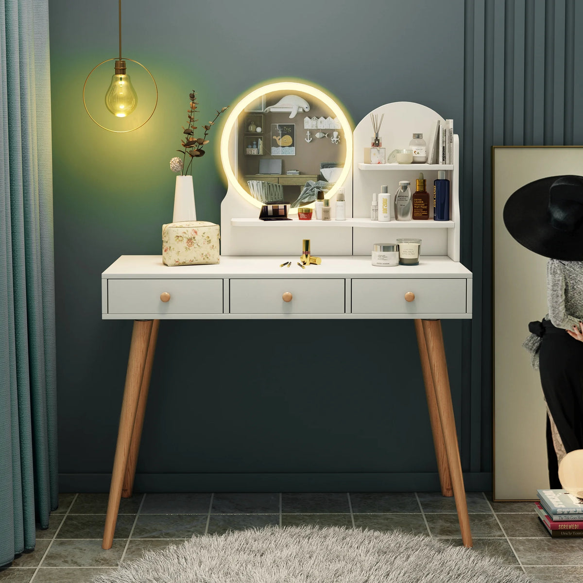 White Vanity Desk with Mirror and Lights H506