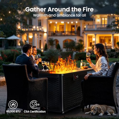 43-Inch Rectangular Propane Fire Pit Table with 60,000 BTU, Glass Stones, and Wind Guard, Black D58358