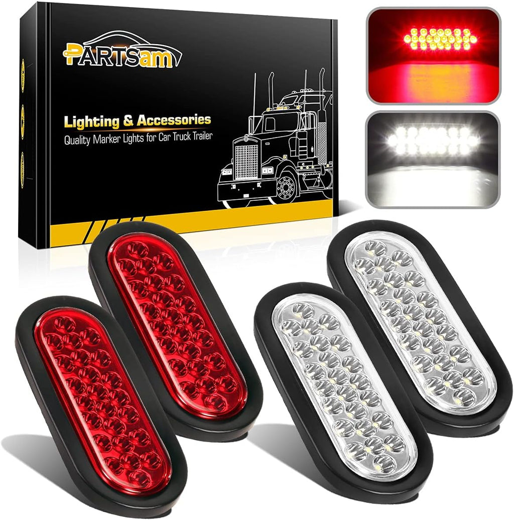2xRed + 2xWhite 6 LED Oval Stop Turn Tail Lights Brake Backup Reverse Light Kit Waterproof 12V Sealed 6 Inch Oval LED Trailer Tail Lights Grommet Mount Pack of 2 B9736
