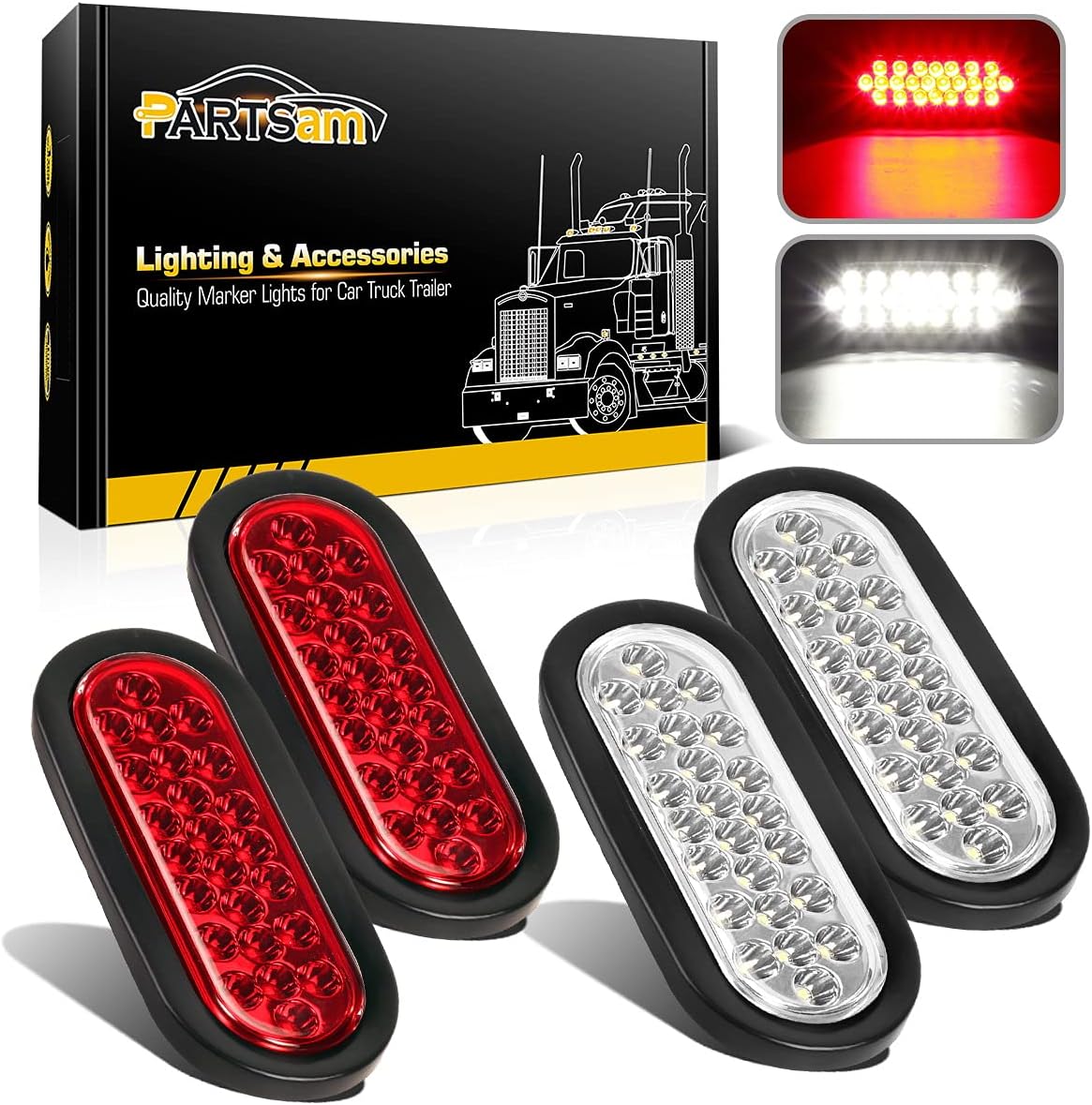 2xRed + 2xWhite 6 LED Oval Stop Turn Tail Lights Brake Backup Reverse Light Kit Waterproof 12V Sealed 6 Inch Oval LED Trailer Tail Lights Grommet Mount Pack of 2 B9736