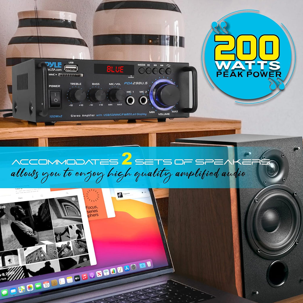 200W 2 Channel Bluetooth Stereo Power Amplifier with FM Radio, Pack of 2 M300