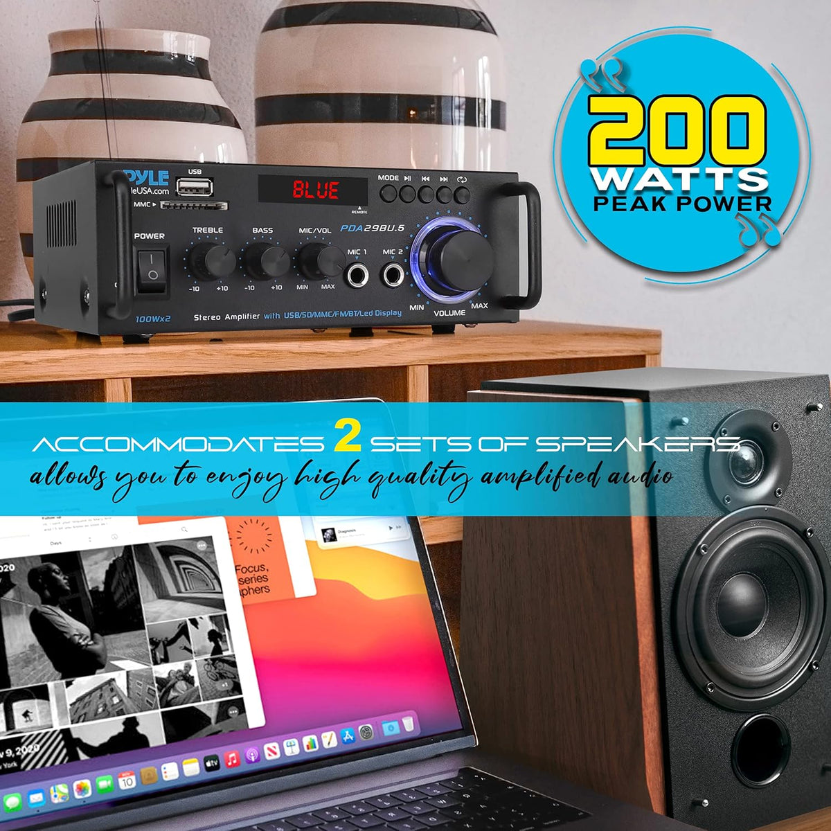 200W 2 Channel Bluetooth Stereo Power Amplifier with FM Radio, Pack of 2 M300
