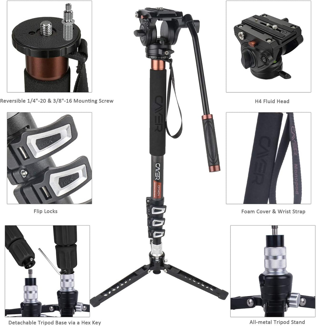 Carbon Fiber 71 inch Telescopic Video Monopod Kit with Fluid Head and Folding Support Base H137