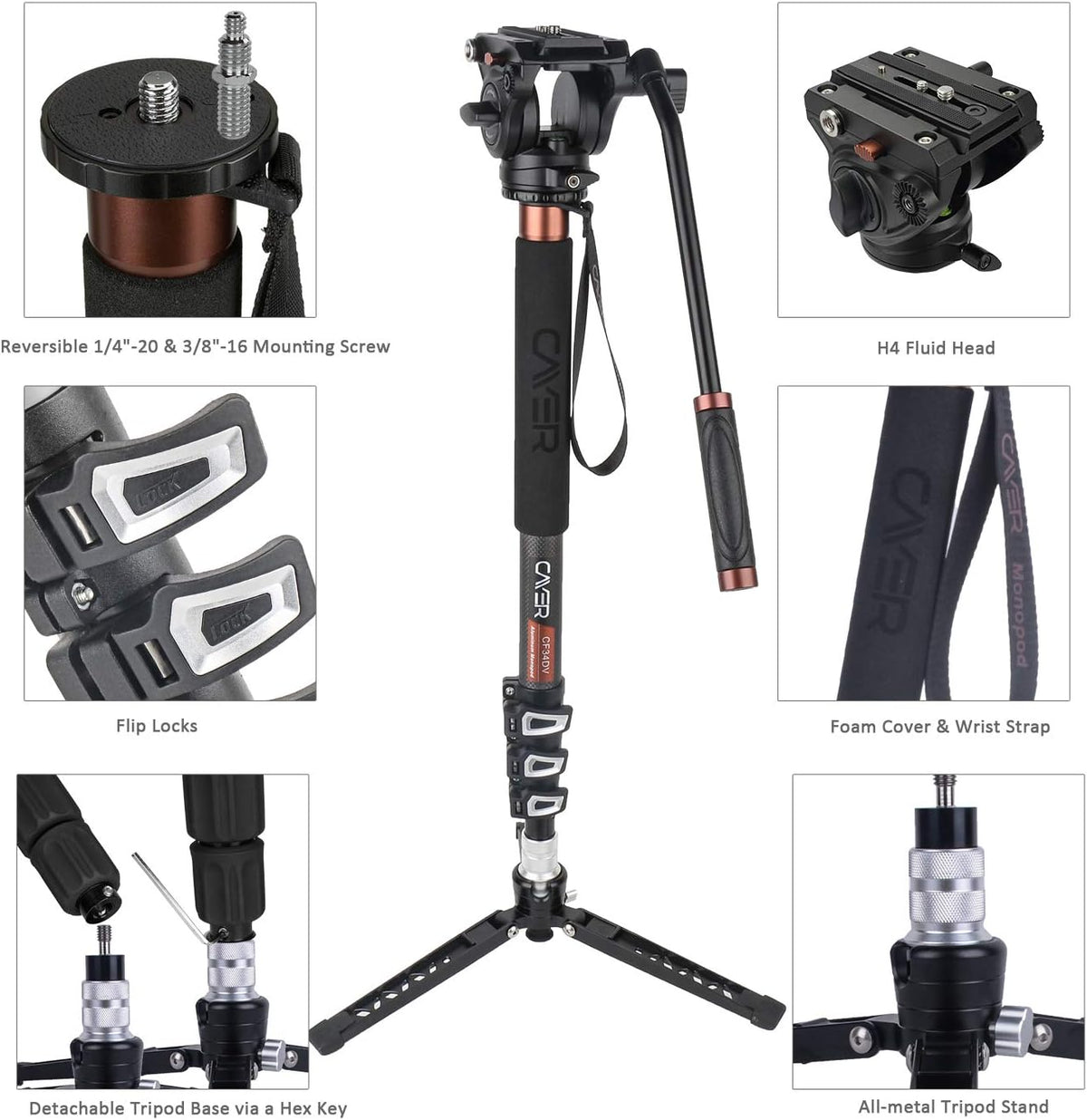 Carbon Fiber 71 inch Telescopic Video Monopod Kit with Fluid Head and Folding Support Base H137