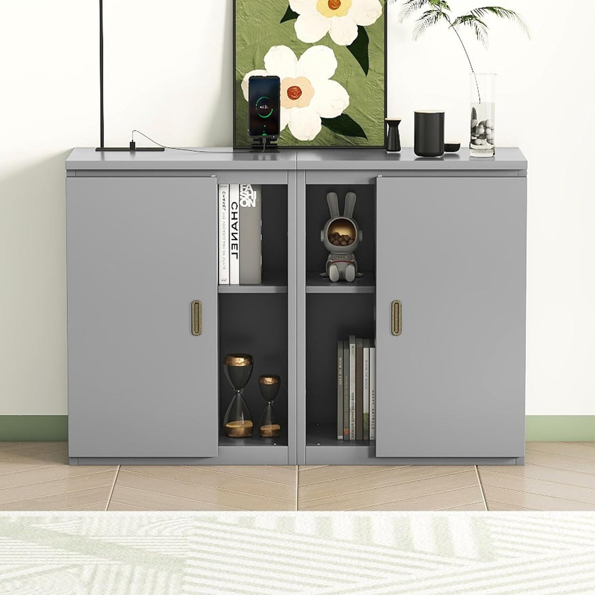Queen Size Murphy Bed with Shelves, Cabinets and USB Ports, Gray S439958