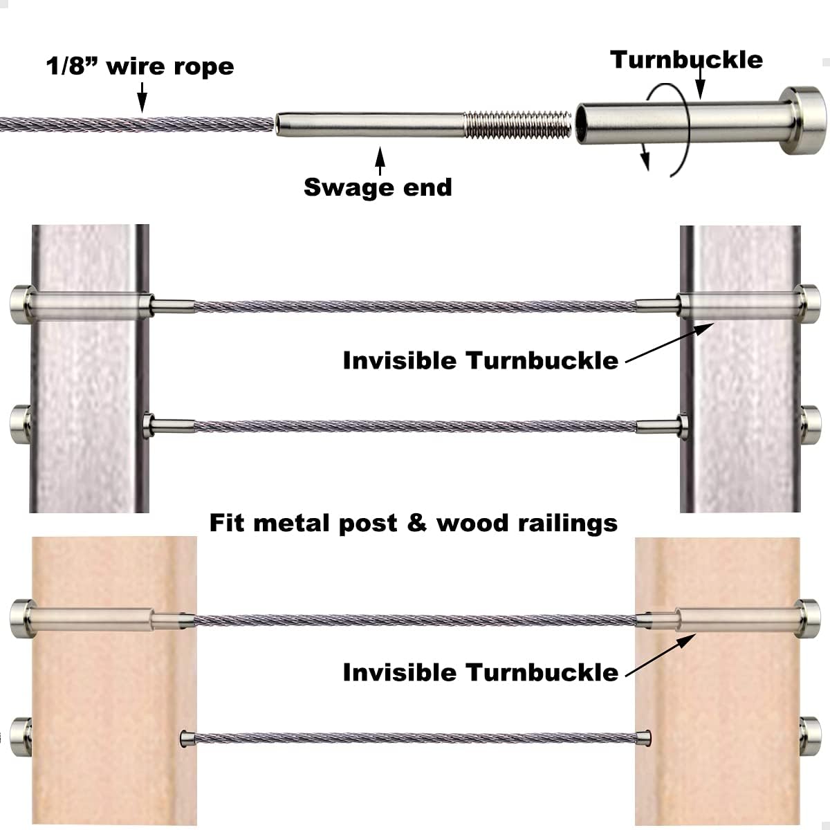 20 Pcs 1/8 Invisible Turnbuckle Kit, T316 Stainless Steel Cable Railing Hardware Kit V525908