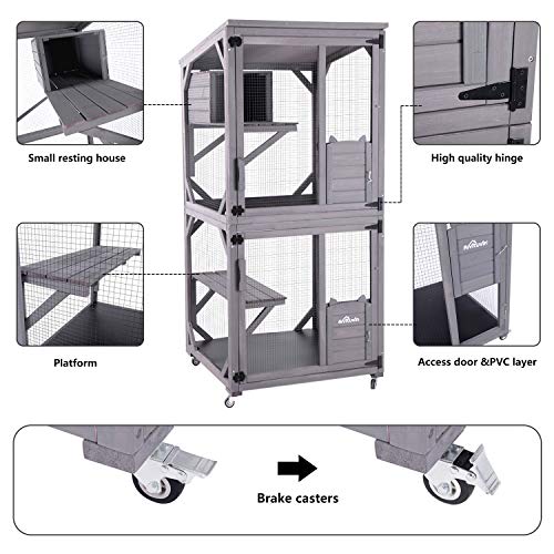 Large Wooden Catio with Run on Wheels (grey) K748