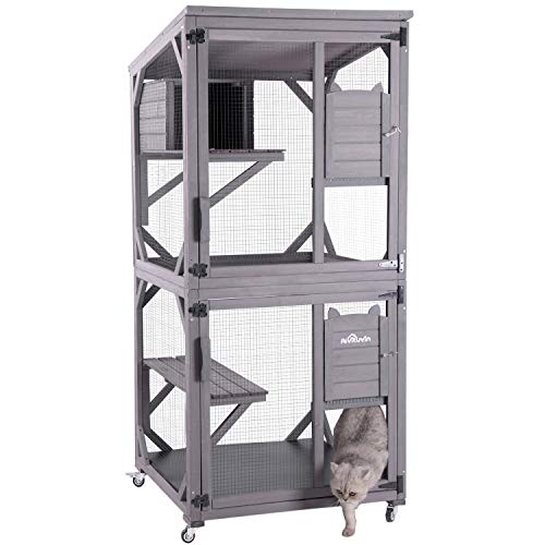 Large Wooden Catio with Run on Wheels (grey) K748