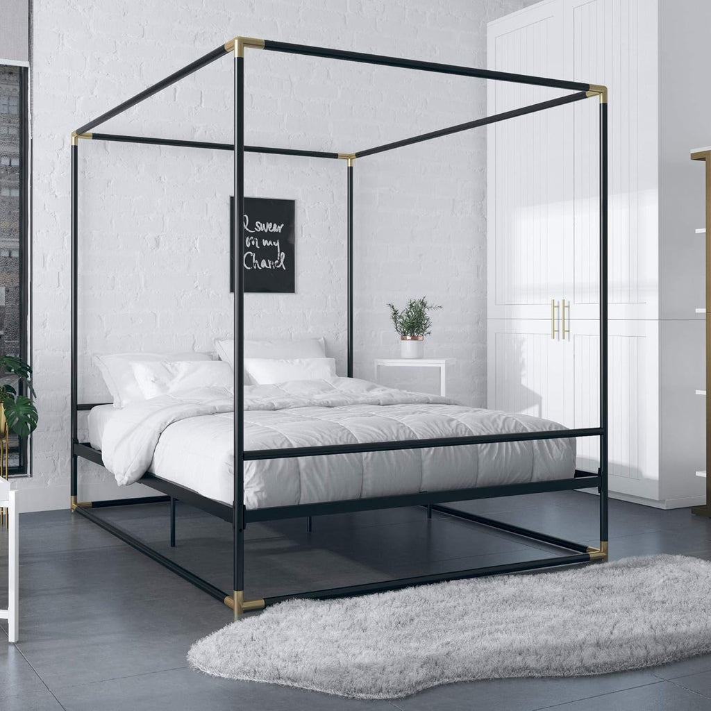 Queen Size Black/Gold Canopy Metal Bed Y2481