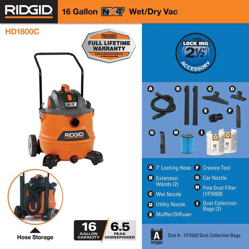 16 Gallon 6.5-Peak HP Wet/Dry Shop Vacuum with Filter and Hose L978