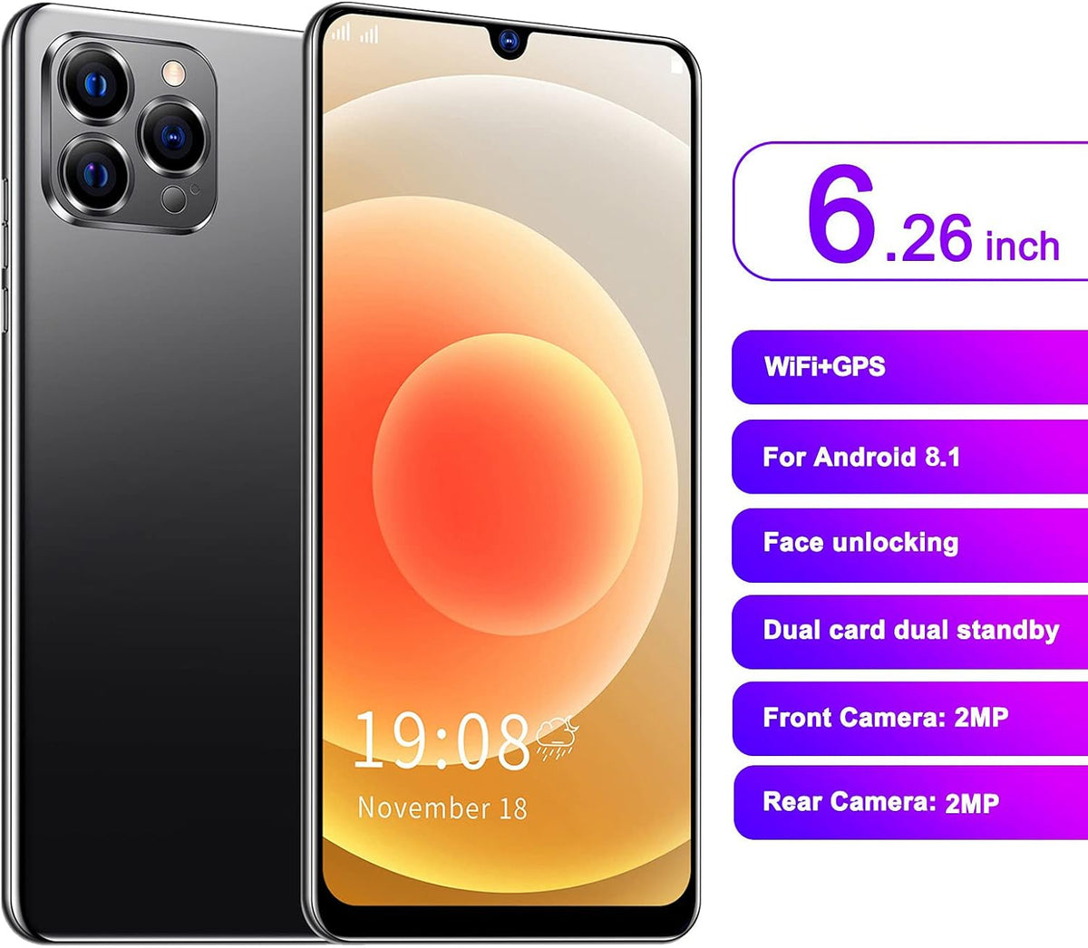 Unlocked Android Smartphone 6.26in Large Screen Dual Card Black N3121