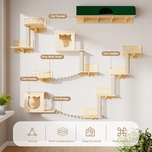 16 Pcs Pine Wooden Cat Wall Shelves with House Y3305