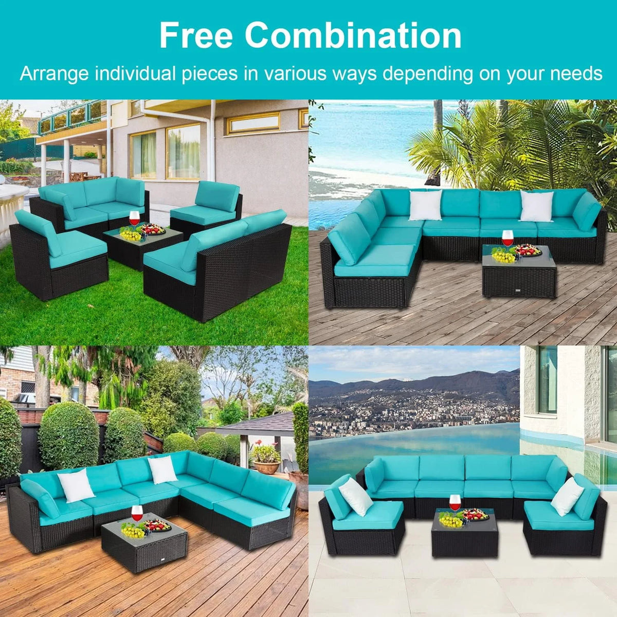 7 Pcs Rattan Wicker Patio Sectional Sofa Set with Coffee Table W5512
