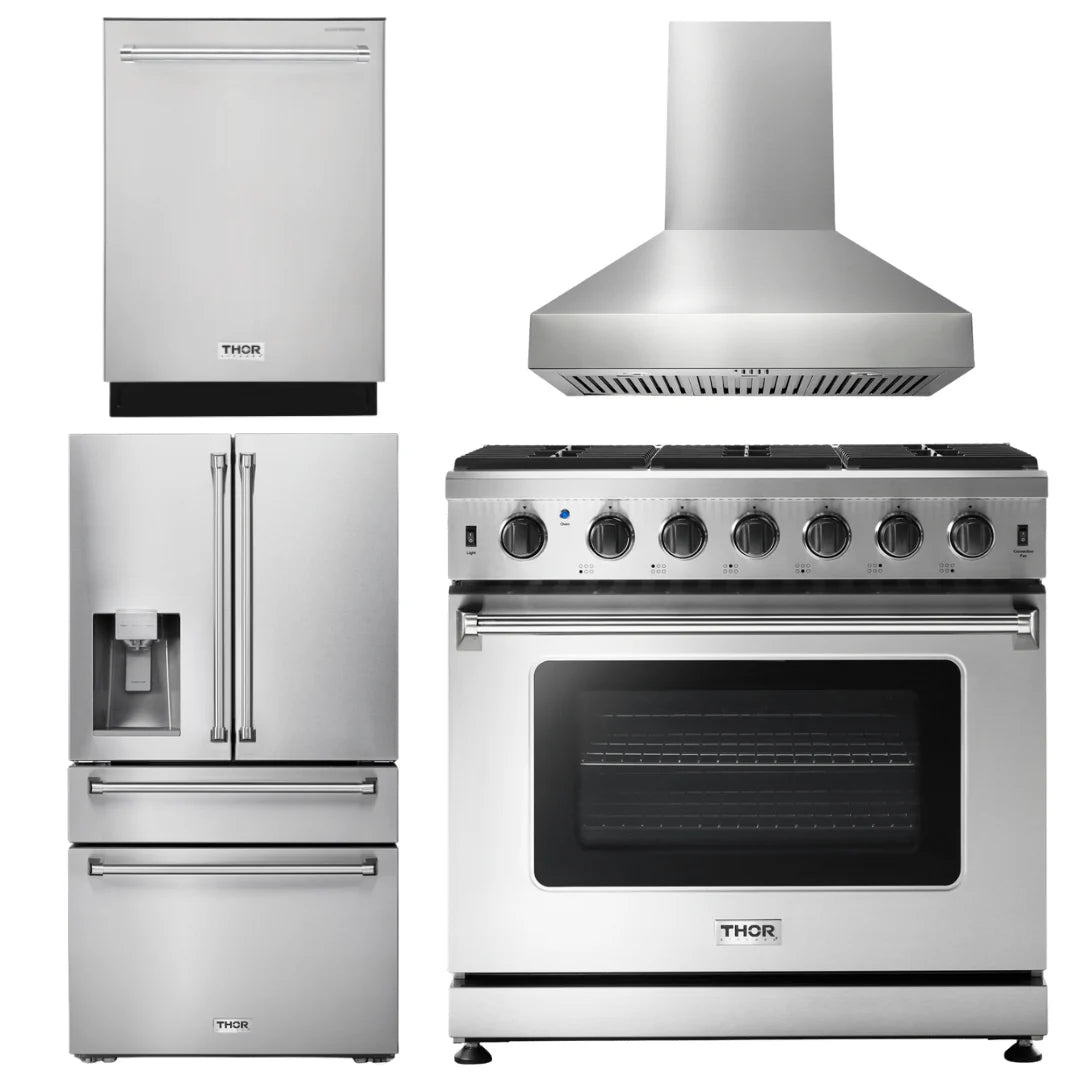 36 Gas Range, Range Hood, Refrigerator with Water and Ice Dispenser, Dishwasher Z4038