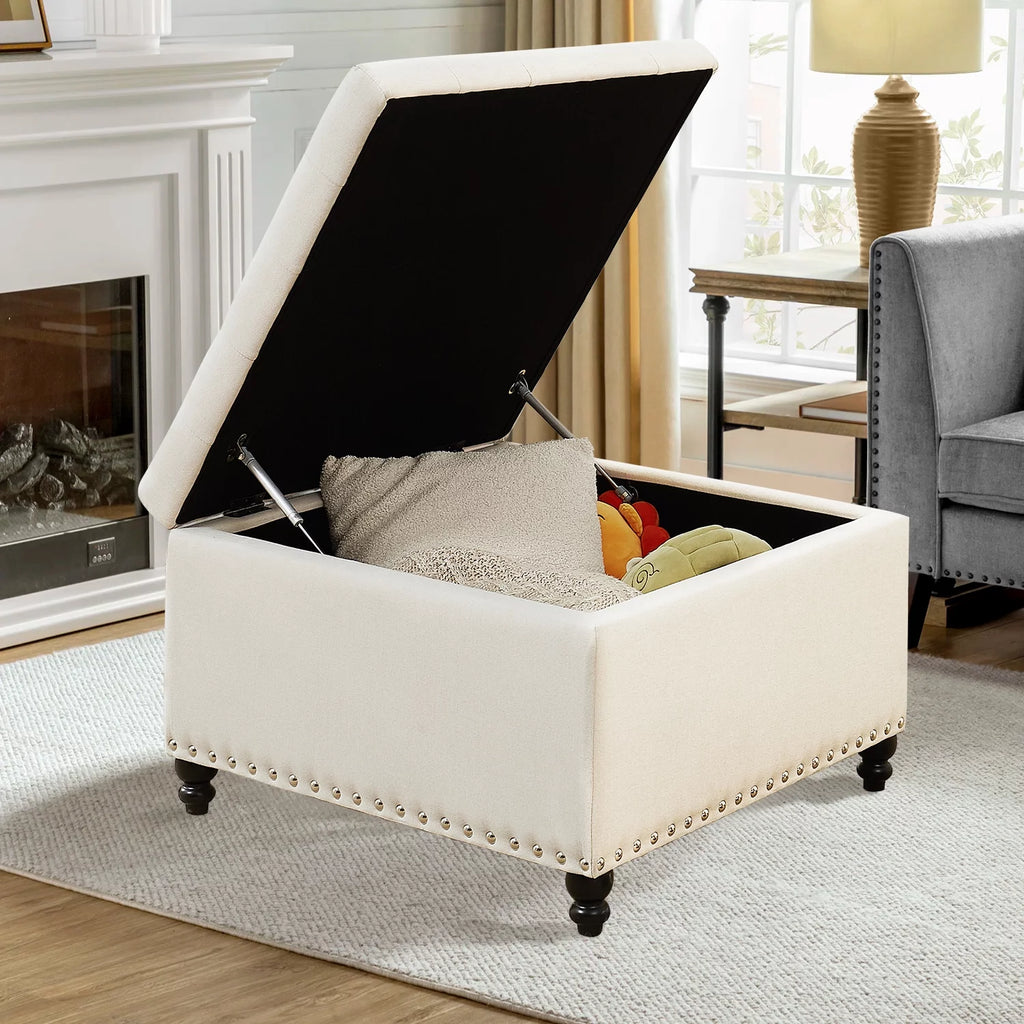 Beige 30-inch Button-Tufted Storage Ottoman Bench F986001