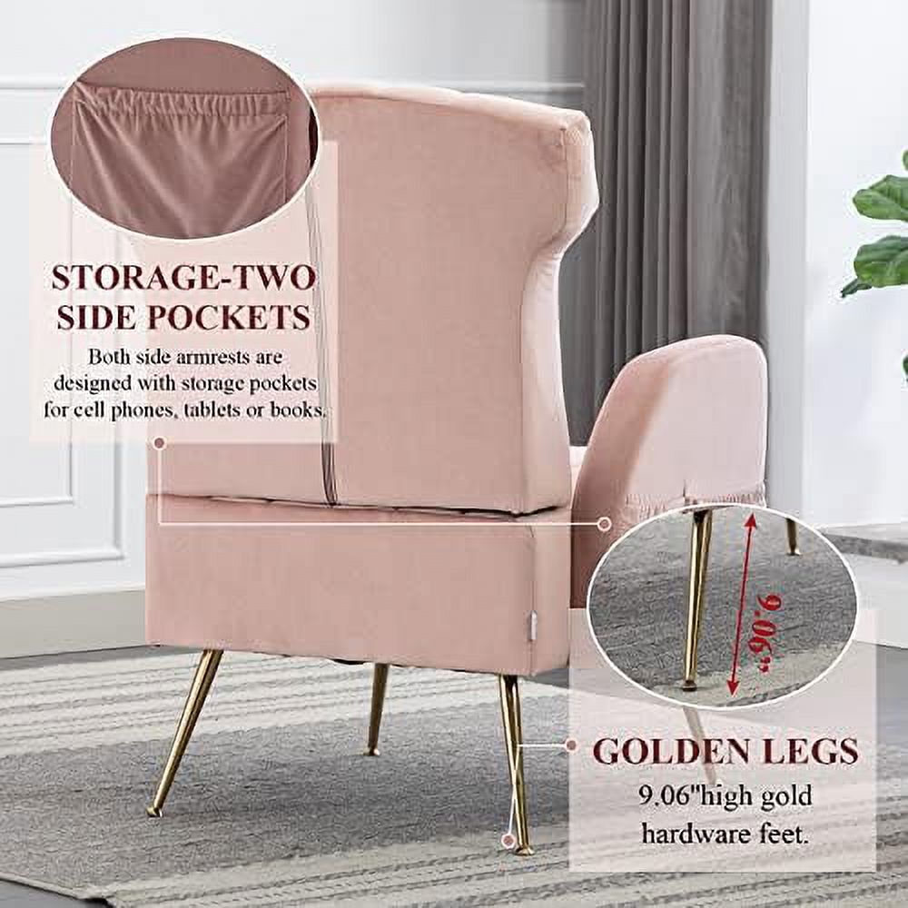 Brown Velvet Wing Back Accent Chair with Metal Gold Legs F7728