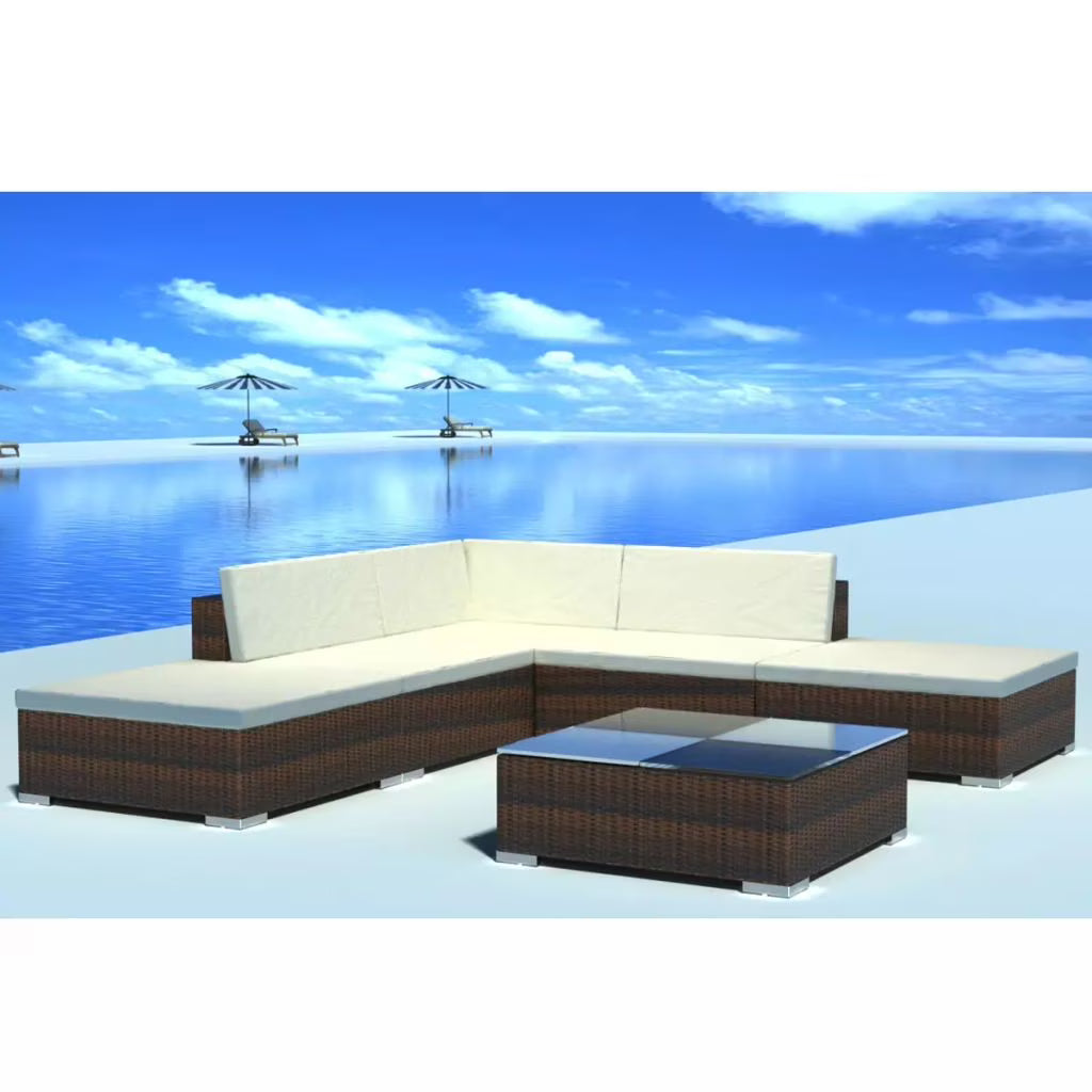 6 Pieces Poly Rattan Garden Lounge Set with 3 Sofas 2 Ottomans 1 Tea Table 9 Cushions M67592