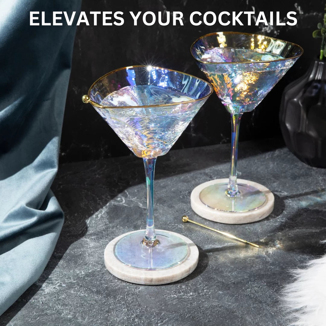 Iridescent Handmade Hammered Martini Glasses with Gold Rim Set of 2 I7940