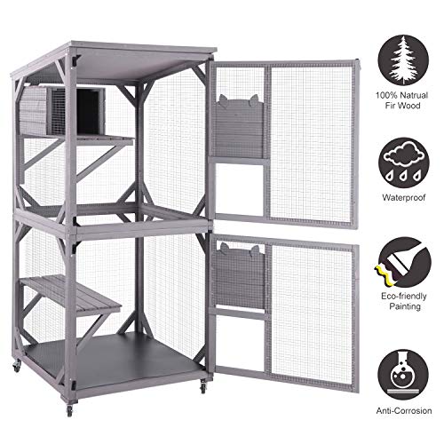 Large Wooden Catio with Run on Wheels (grey) K748