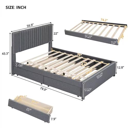 Beige Linen Upholstered Platform Bed Frame with Twin XL Trundle and 2 Drawers T7522