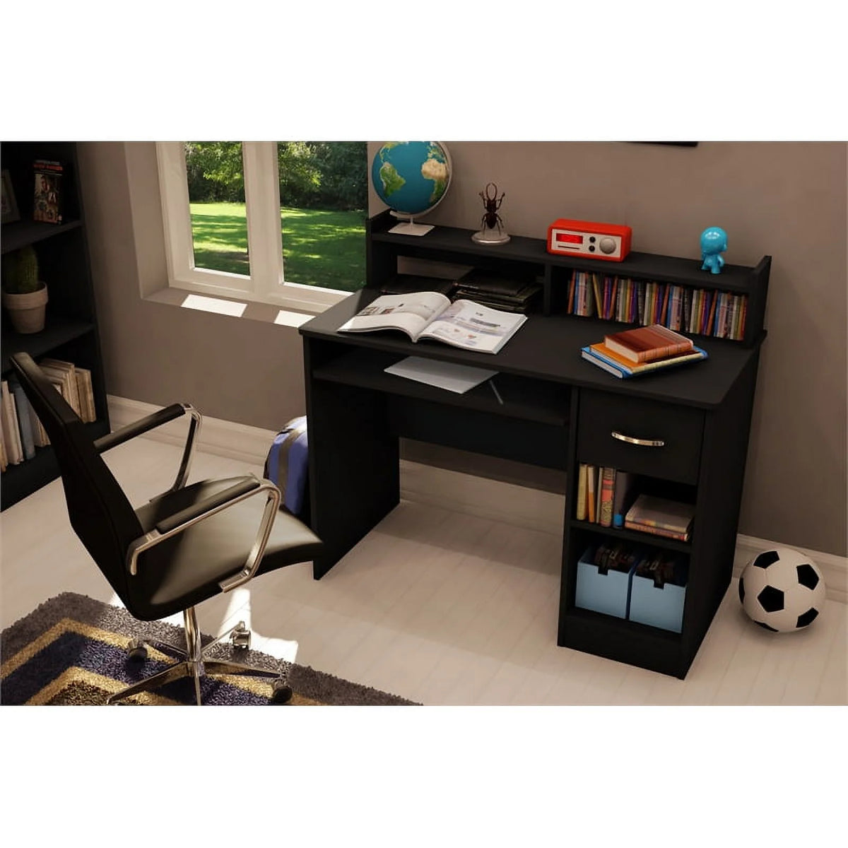 Black Desk with Keyboard Tray and 5-Shelf Narrow Bookcase Set K296389