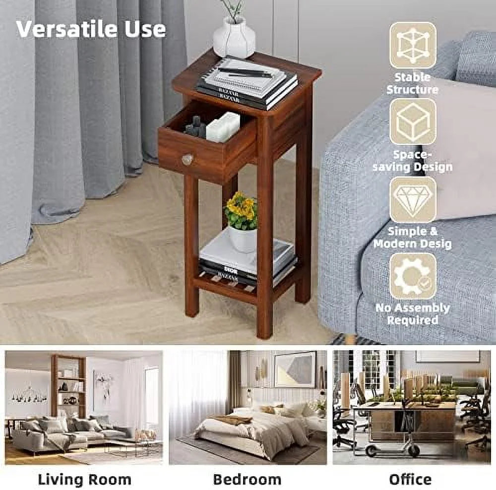 Narrow Wooden End Table Set of 2 with Drawer I351