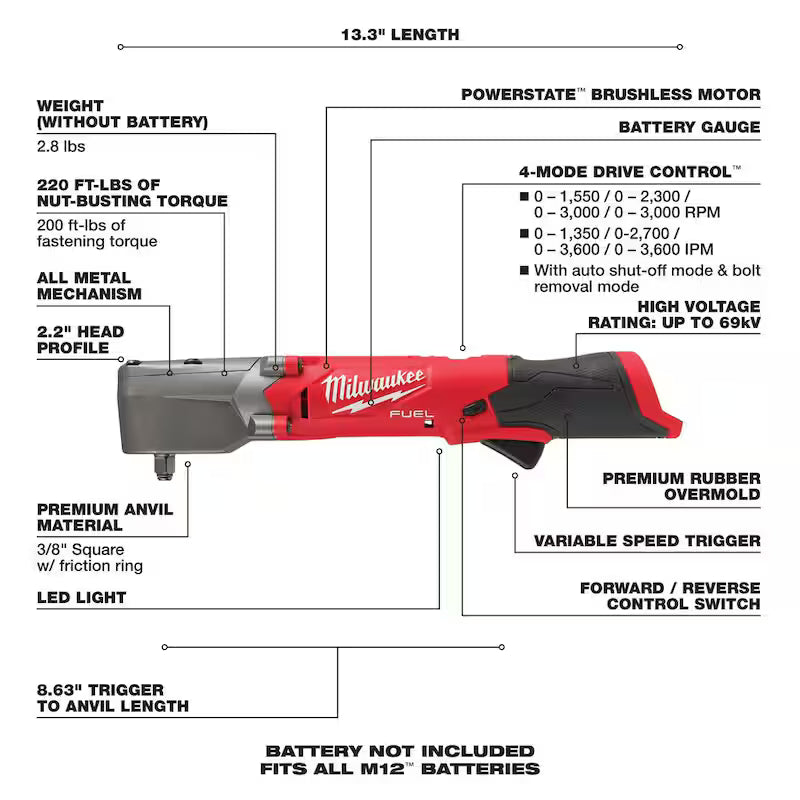 12V Brushless Cordless 3/8 in. Right Angle Impact Wrench R966