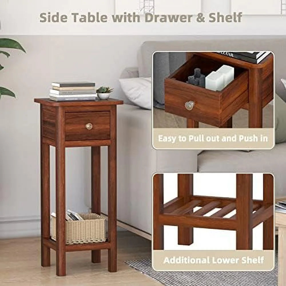 Narrow Wooden End Table Set of 2 with Drawer I351