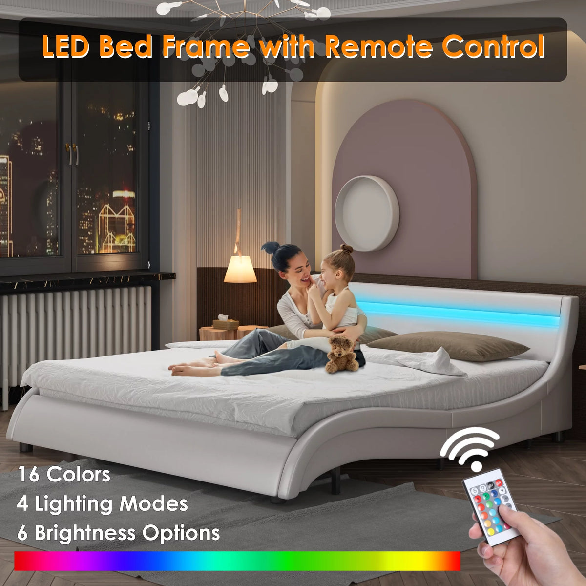 White Queen Size LED Platform Bed Frame C9755