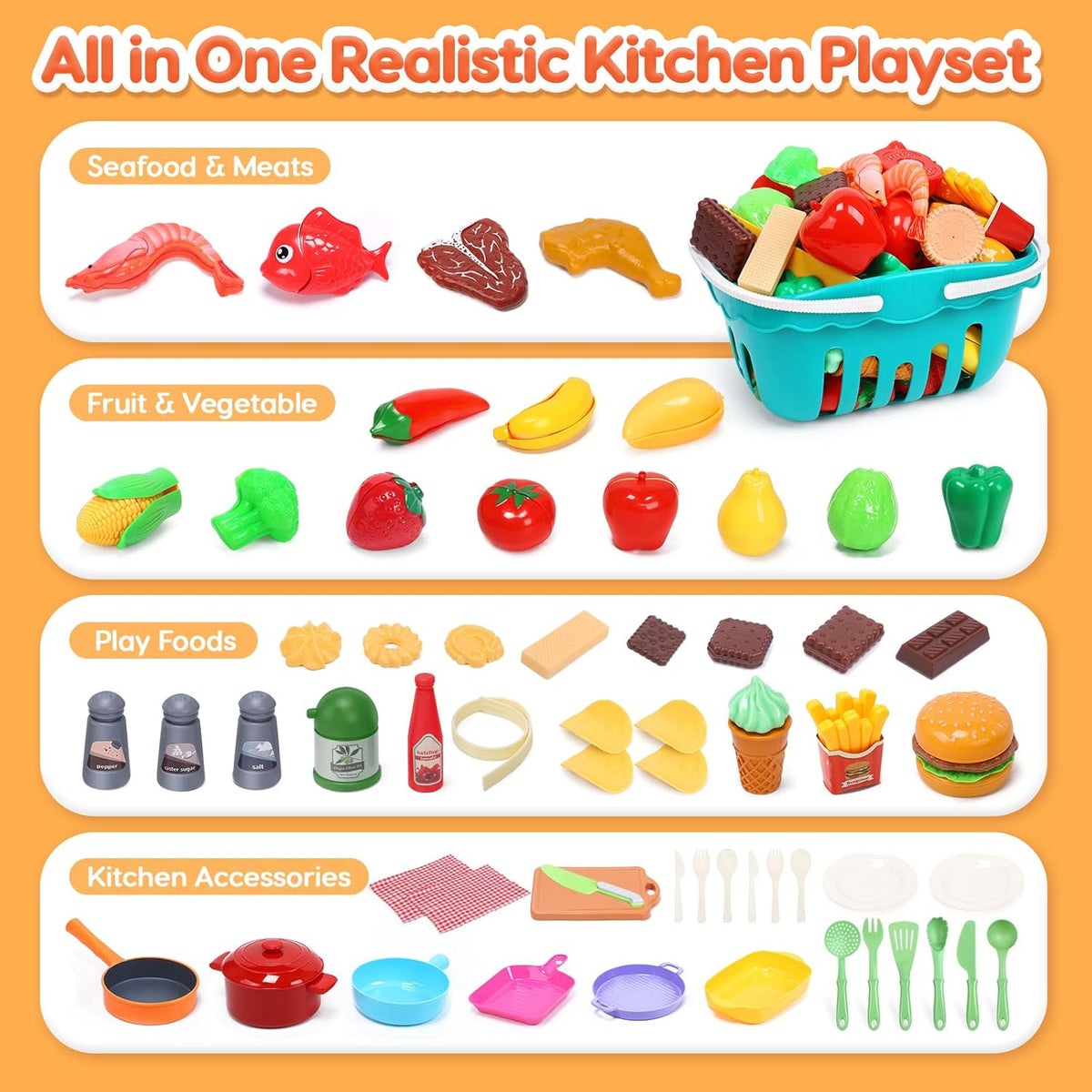 Play Sink with Running Water Electric Faucet Kitchen Sink Toys Pots and Pans Set with Play Food and Storage Basket N89223