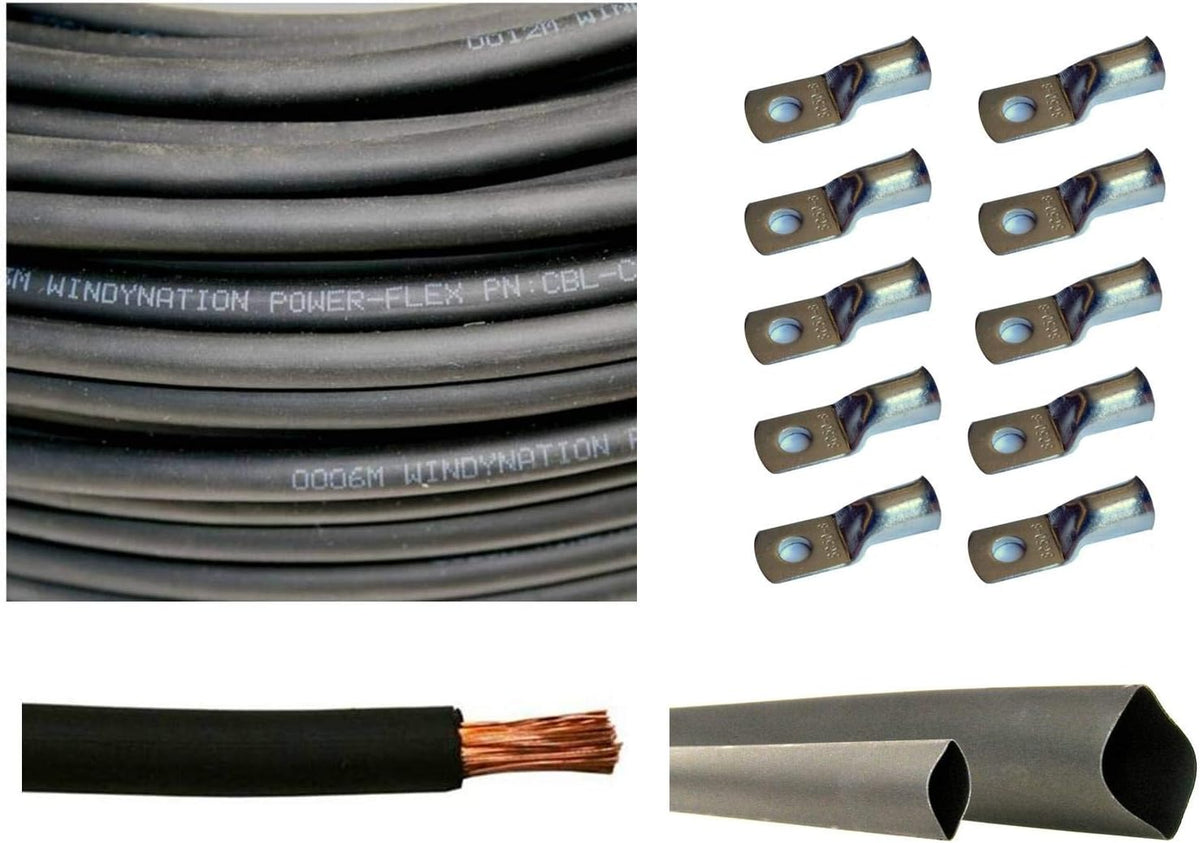 4/0 AWG 10 Feet Black + 10 Feet Red Pure Copper Ultra Flexible Cable + 5pcs 5/16 & 5pcs 3/8 Copper Cable Lug Terminal Connectors + 3 Feet Heat Shrink Tubing F933546