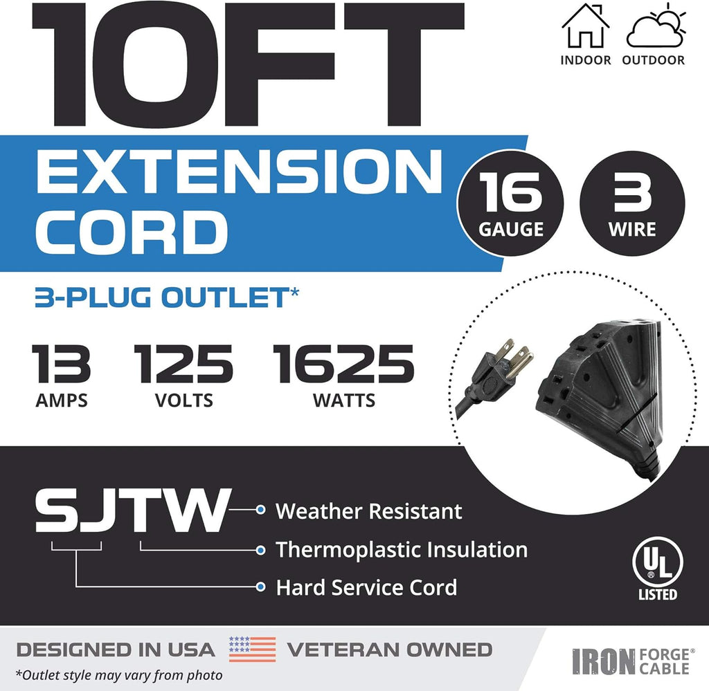 2 Pack 50 Ft Black Extension Cords with 3 Outlets U900033