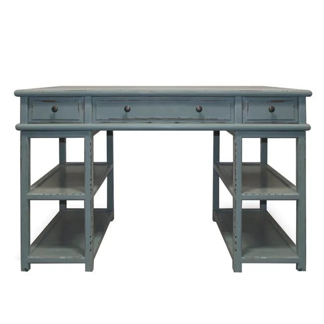 51 in. Distressed Blue Office Desk with 3 Drawers & 4 Shelves Q424092