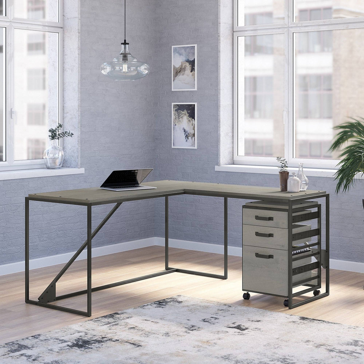 Industrial L Shaped Desk with 3 Drawer Mobile File Cabinet, 62W, Cottage White C201862