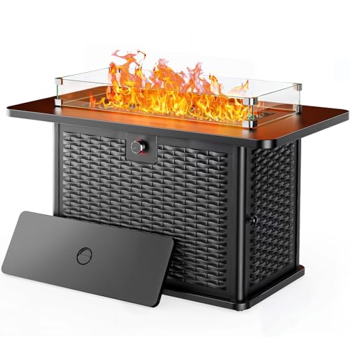 43-Inch Rectangular Propane Fire Pit Table with 60,000 BTU, Glass Stones, and Wind Guard, Black D58358