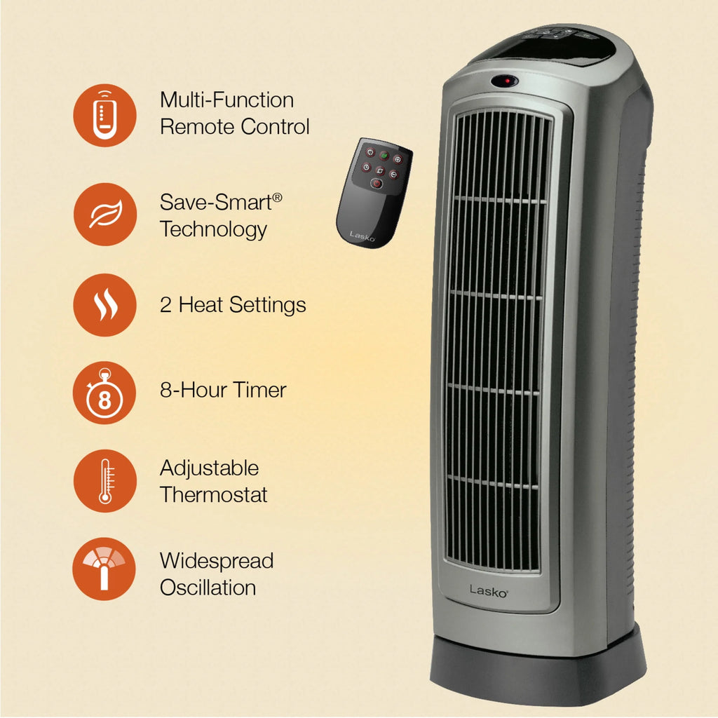 1500W Oscillating Ceramic Electric Tower Space Heater with Remote, Gray E17474