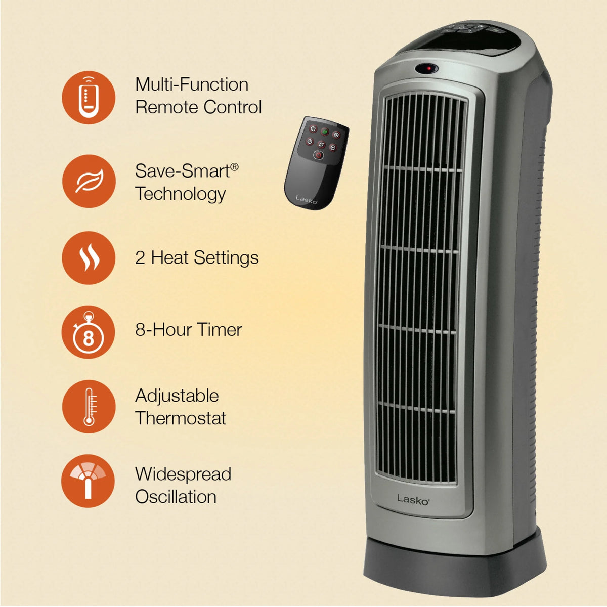1500W Oscillating Ceramic Electric Tower Space Heater with Remote, Gray E17474