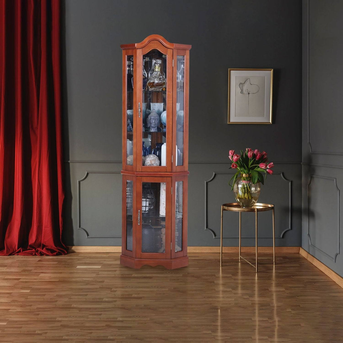 Brown Lighted Corner Curio Display Cabinet K274528