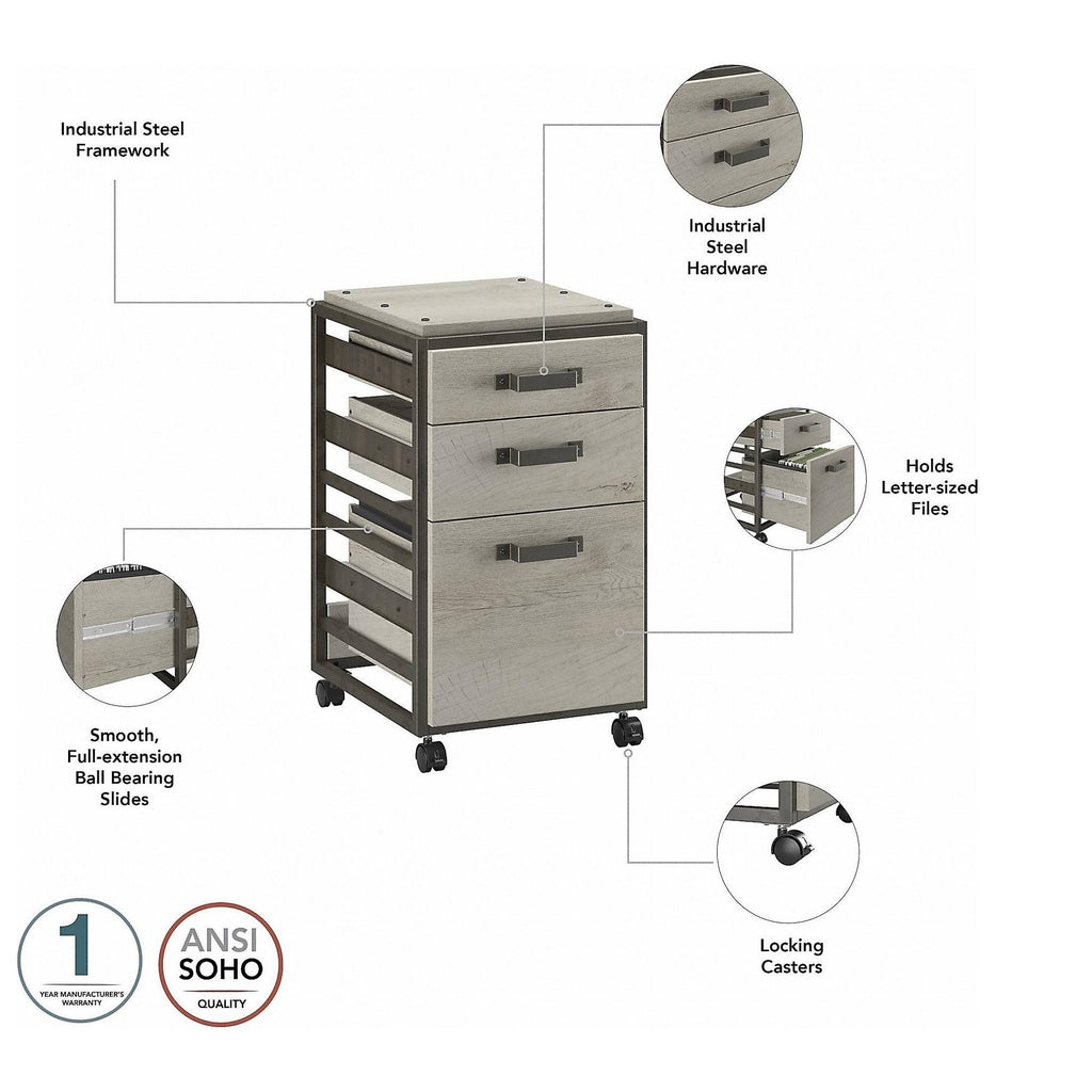 Industrial L Shaped Desk with 3 Drawer Mobile File Cabinet, 62W, Cottage White C201862