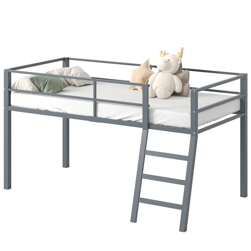 Grey Twin Loft Bed with Ladder and Guardrail D7886