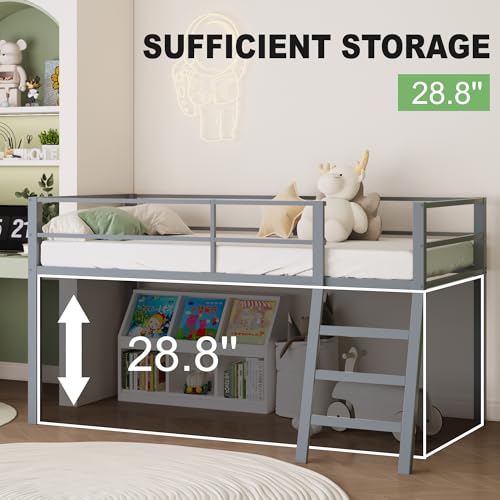 Grey Twin Loft Bed with Ladder and Guardrail D7886