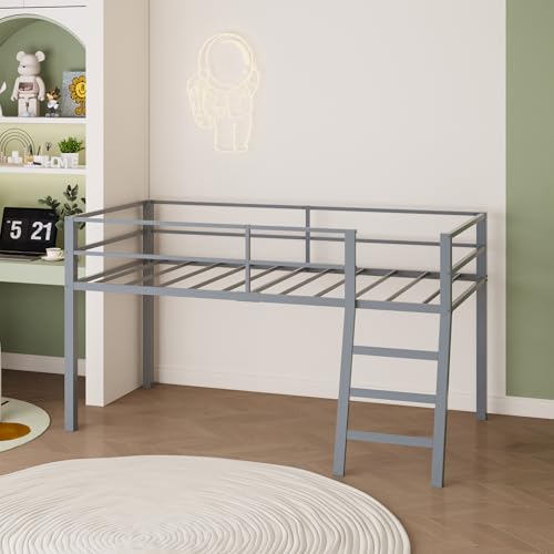 Grey Twin Loft Bed with Ladder and Guardrail D7886