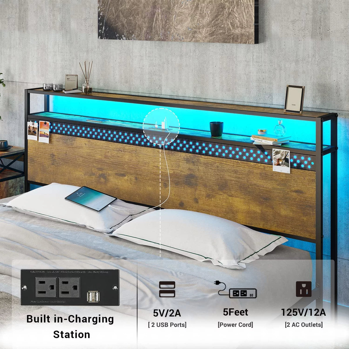 King Metal Platform Bed with Storage Headboard and USB Ports Q6630