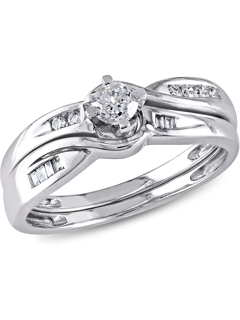 10K White Gold Diamond Engagement Ring and Wedding Band Set X855