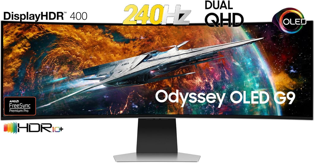 49" Curved OLED Gaming Monitor, Dual QHD, 240Hz, 0.03ms GTG, HDR10+, AMD FreeSync Premium Pro, Silver W45114