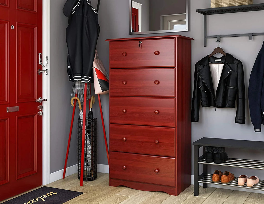 100% Solid Wood 5 Drawer Chest with Lock Honey Pine E572606
