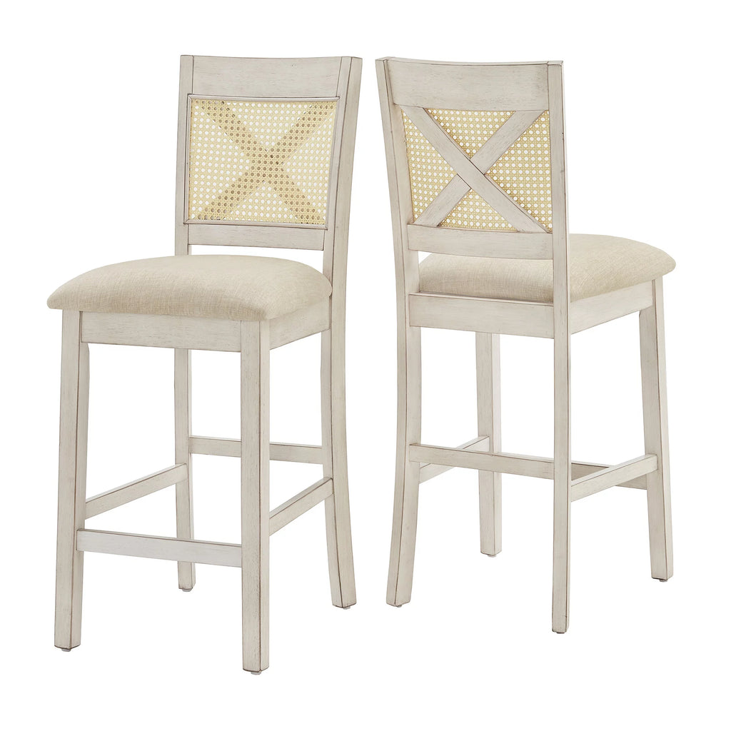 Antique White Beige Linen Counter Height Chair Set of 2 N9110